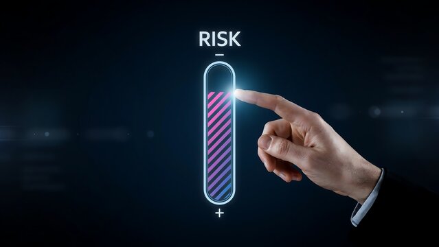 Hand Interacting with Futuristic Risk Assessment Interface on Dark Background