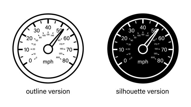 Speedometer Comparison: A graphic comparison showcasing a speedometer in both outline and silhouette versions, illustrating speed measurement in miles per hour.
