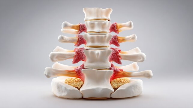 Spinal Disc Model: A detailed anatomical model showcasing the lumbar spine with intervertebral discs and surrounding ligaments, highlighting spinal health and medical science.