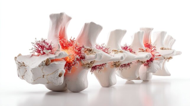 Spinal Osteophytes: Close-up of a spine segment showcasing the development of bone spurs, highlighting the inflammation and pain associated with spinal degeneration.