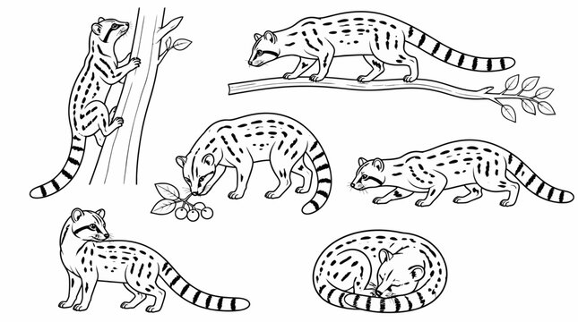 Small Asian Civet Cat Poses Set in Black and White Line Art