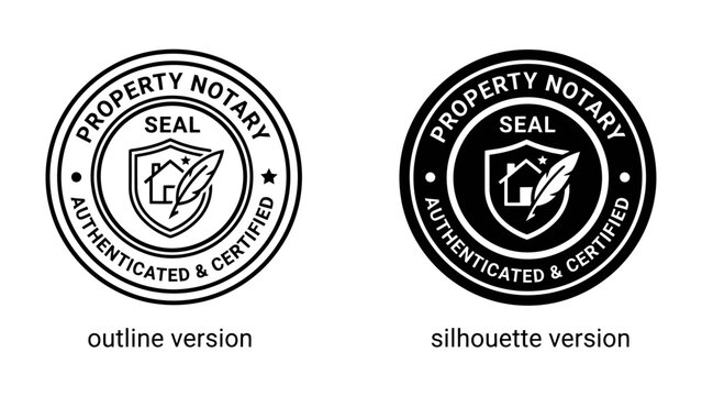 Notary Seal Stamp: Two versions, outline and silhouette, of a notary public seal, featuring a house emblem and quill, signifying authentication and certification for property-related documents.