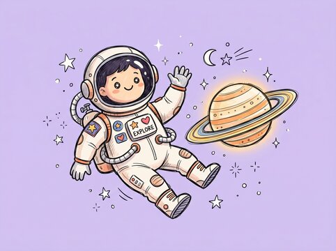 Cute astronaut floating in space with saturn planet astronaut universe