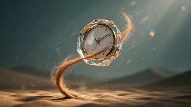 Crystal clock with swirling golden desert sand vortex &ndash; Great for travel agencies, surreal art prints, or global heritage themes.