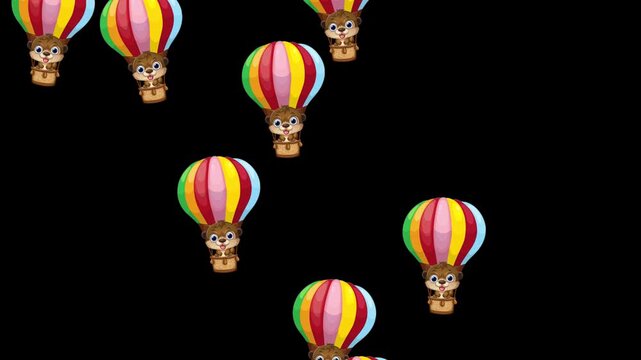 Cartoon Animals Falling in Colorful Hot Air Balloons on Black Background