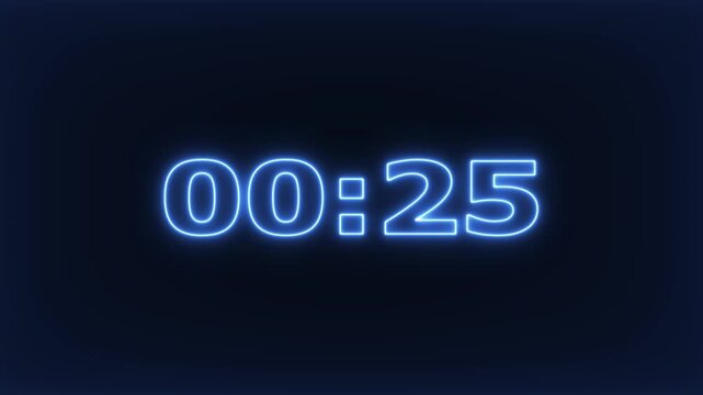 Neon blue digital countdown timer clock animation for broadcast and presentation