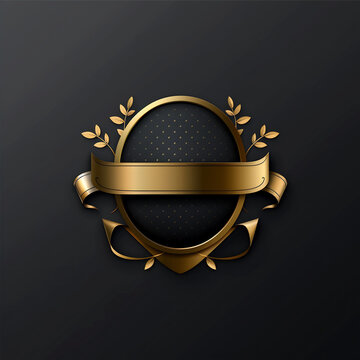 Golden circular emblem with ribbon and laurel branches for luxury design