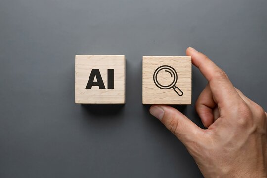 Hand Placing Wooden Blocks with AI and Search Icons on Gray Surface for Artificial Intelligence Concept