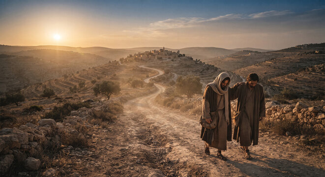 Bible, A cinematic, wide-angle photograph of a dusty, ancient road winding through the rolling hills of Judea during the late afternoon. Two disciples walk with slumped shoulders and downcast faces, 