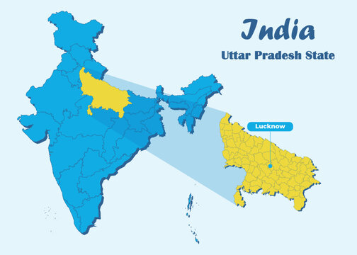 Uttar Pradesh state highlighted in yellow in Indian map with editable vector illustration. Political map showing the location of Uttar Pradesh with Lucknow marked, suitable for education and travel.