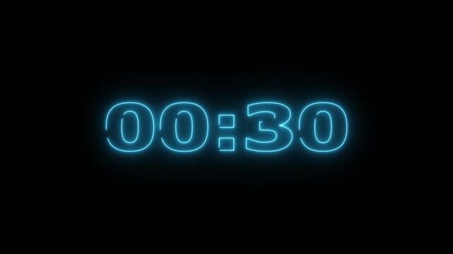 glowing neon 1 minute Countdown. neon 1 to 0 minute Countdown timer .Neon blue digital countdown timer clock display for time-sensitive projects