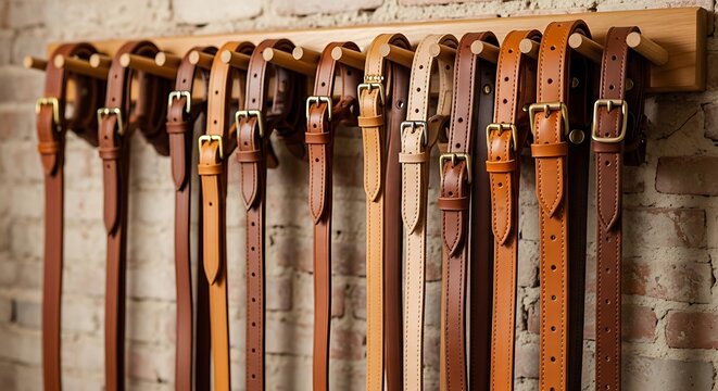 Row of handcrafted leather belts hanging on wooden rack against brick wall.