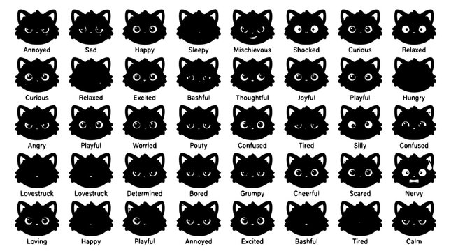 Funny Black Kitten Face Vector Collection with Kawaii Cartoon Cat Head Icons