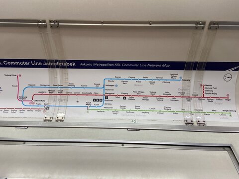 A KRL Commuter Line Jabodetabek transit network map inside a train carriage in Jakarta, Indonesia, taken on May 12, 2025.