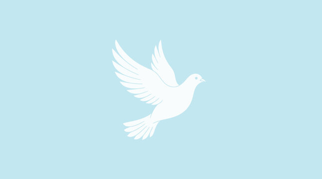Artistic illustration of a white flying dove on light blue background