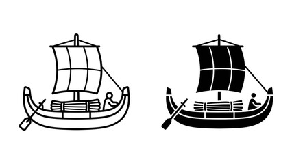 Ancient Boat Icon: A stylized depiction of an ancient vessel with a sail, carrying cargo, and a single rower, presented in both a line art and silhouette style. © Md