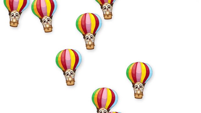 Cartoon Animals in Colorful Hot Air Balloons Falling on White Background