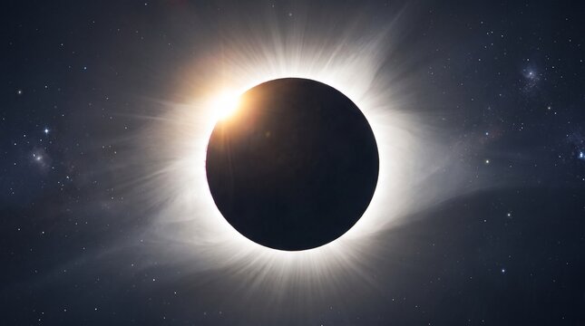Stunning total solar eclipse with the sun's corona visible against a dark, star-filled sky, showcasing a celestial event.