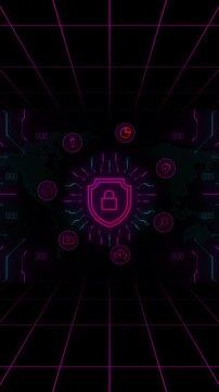 Deep angle vertical view of digital cyber security interface showcasing gembok safety lock data panels.