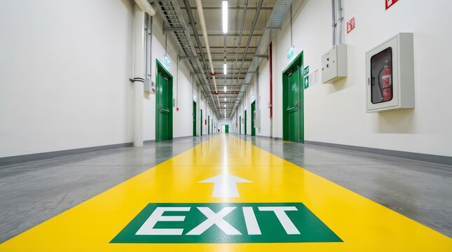Modern office corridor with clearly marked emergency exit route and safety equipment.