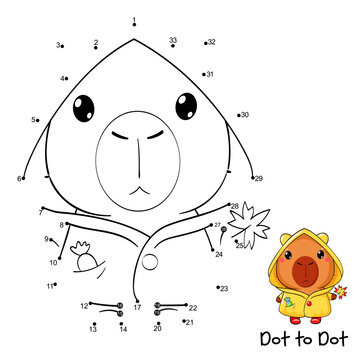 Connect The Dots and Draw Cute capybara in raincoat. Dot to dot puzzle - cartoon little capybara. Educational Game for Kids. Drawing for Preschool children. Vector Illustration EPS8