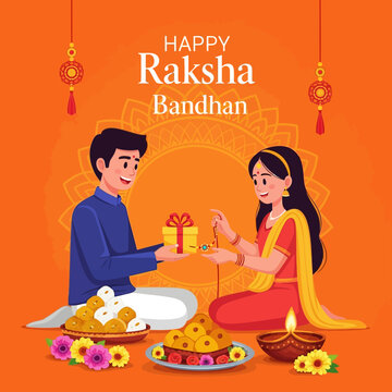 Happy Raksha Bandhan Festival: Brother & Sister with Gift, Sweets & Diya
