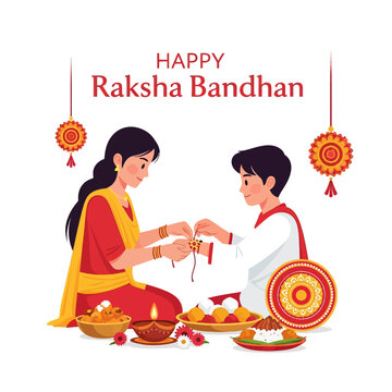 Happy Raksha Bandhan Siblings Tying Rakhi with Sweets and Diya on White Background
