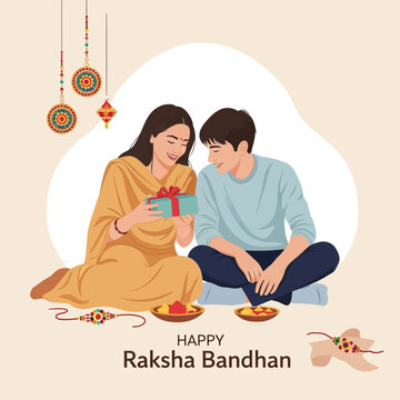 Happy Raksha Bandhan: Sister gifting brother a present, Indian festival.