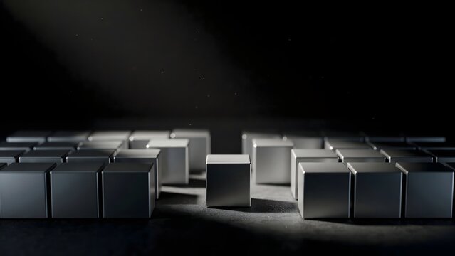 Macro view of brushed steel cubes with hard shadows &ndash; Great for industrial engineering, mathematical precision, or metal manufacturing.