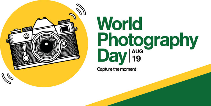 World photography day banner template featuring vintage camera illustration and text isolated on white background