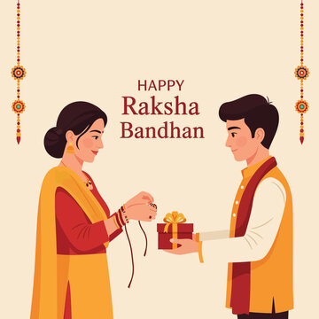 Happy Raksha Bandhan, sister ties rakhi to brother, gift exchange, Indian festival celebration