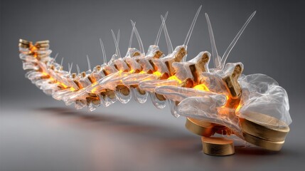 Naklejka premium Anatomical Spinal Column Model: A detailed and futuristic rendering of a human spinal column, showcasing its intricate structure with metallic and translucent elements, representing health, science.