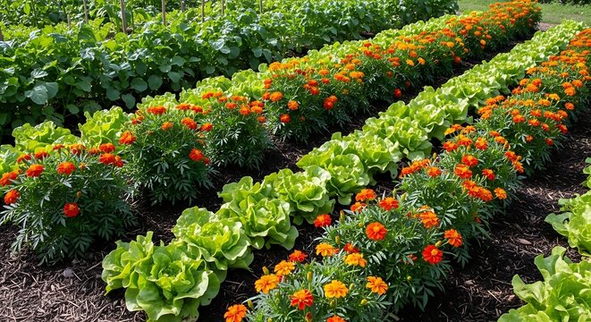 Rows of vibrant orange marigold flowers growing in a lush vegetable garden.