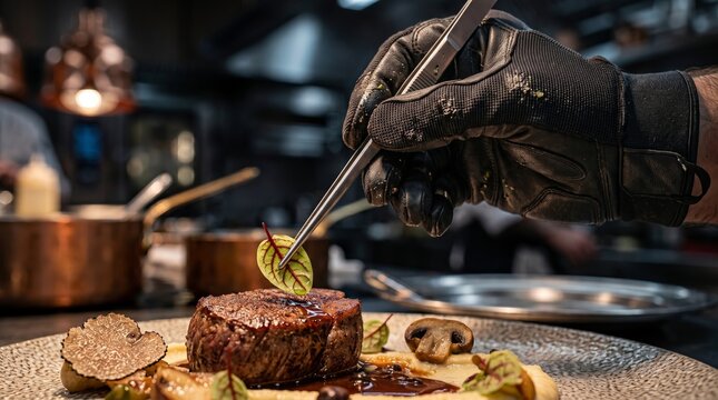 a professional chef carefully plating a gourmet dish with precision tweezers