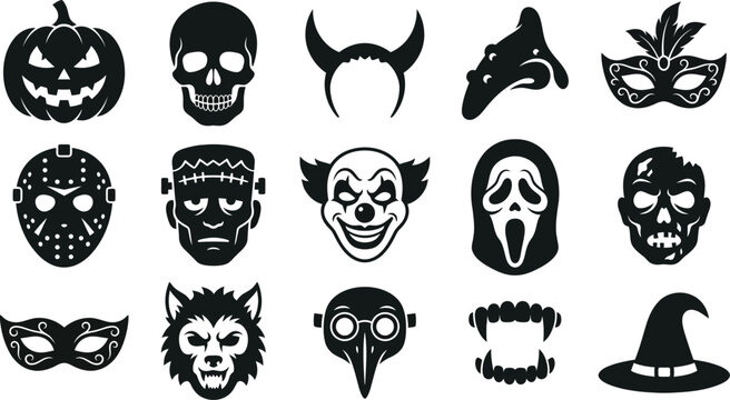 Assorted spooky halloween masks and iconic faces for party costumes and accessories.