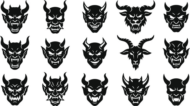 Set of black devil and demon faces with horns and fangs for horror concept.