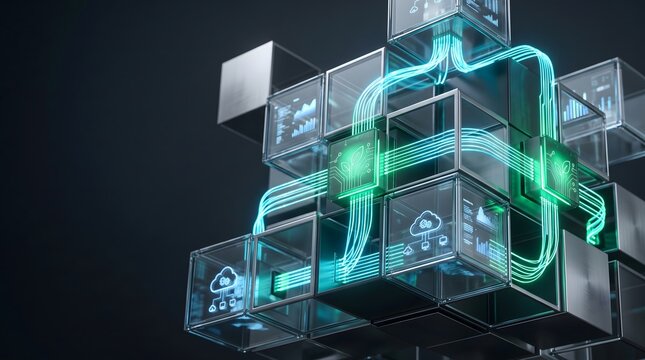 Architecture, Tech. Innovative growth in digital cube architecture- blending technology and information, cloud insights with connectivity design