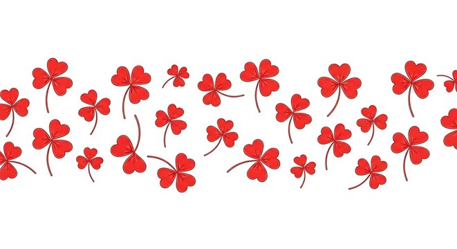 Seamless pattern of hand drawn red clover leaves on white background.