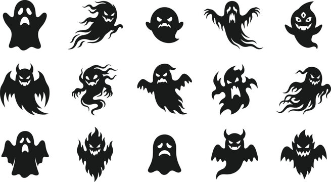 Set of ghost silhouettes isolated on transparent background, spooky scary ghosts, halloween concepts.