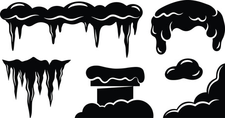 Winter Snow Cap and Icicle Silhouette Collection featuring Frozen Roof Edges, Overhanging Drifts, Meltons, and Chimney Snow Drifts for Holiday Graphic Vector Designs © Yousuf