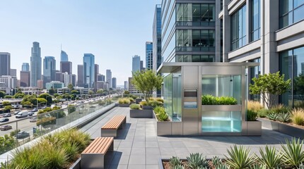 Fototapeta premium Modern greywater collection system on sustainable office rooftop garden