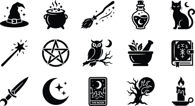 Witchcraft magic icons collection with hat cauldron potion broom owl and occult symbols.