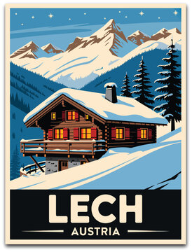 Lech Austria winter travel poster, retro alpine landscape artwork featuring charming chalet, snow covered peaks, evergreen trees, and European mountain tourism theme.