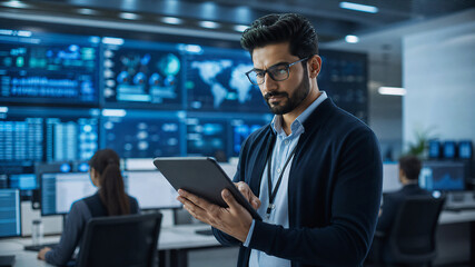 Fototapeta premium Cybersecurity specialist using a tablet to review network security threats in a busy technology operations center