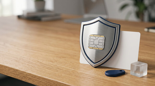 Credit Card Security Shield with EMV Chip on Wooden Desk
