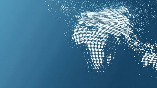 Digital World Map Dissolving: An abstract representation of a world map constructed from small digital squares, gradually dissipating into the blue void.