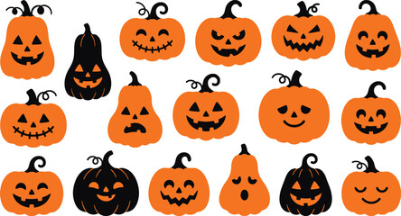 Fototapeta premium Assorted halloween jack o' lanterns collection orange and black carved pumpkins for festive decorations