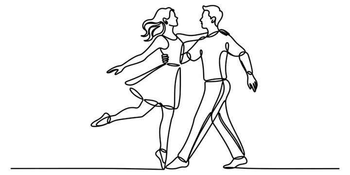Continuous single line drawing of a man and woman dancing together in a romantic pose