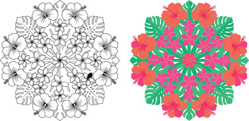 Vibrant tropical floral mandala pattern featuring hibiscus and monstera leaves with a black and white outline version ideal for summer designs textile prints or coloring books © Safia