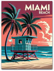 Fototapeta premium Miami Florida vintage travel poster illustration, tropical beach scenery with swaying palm trees, colorful sunset, skyline views, and retro tourism artwork.